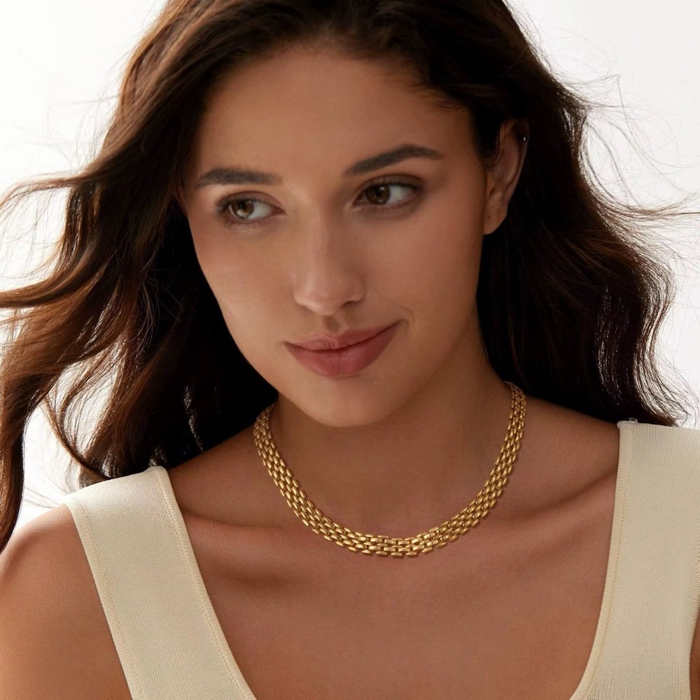 Gold Multi-Row Chain Choker Necklace - Women Jewelry - Picture 3 of 8